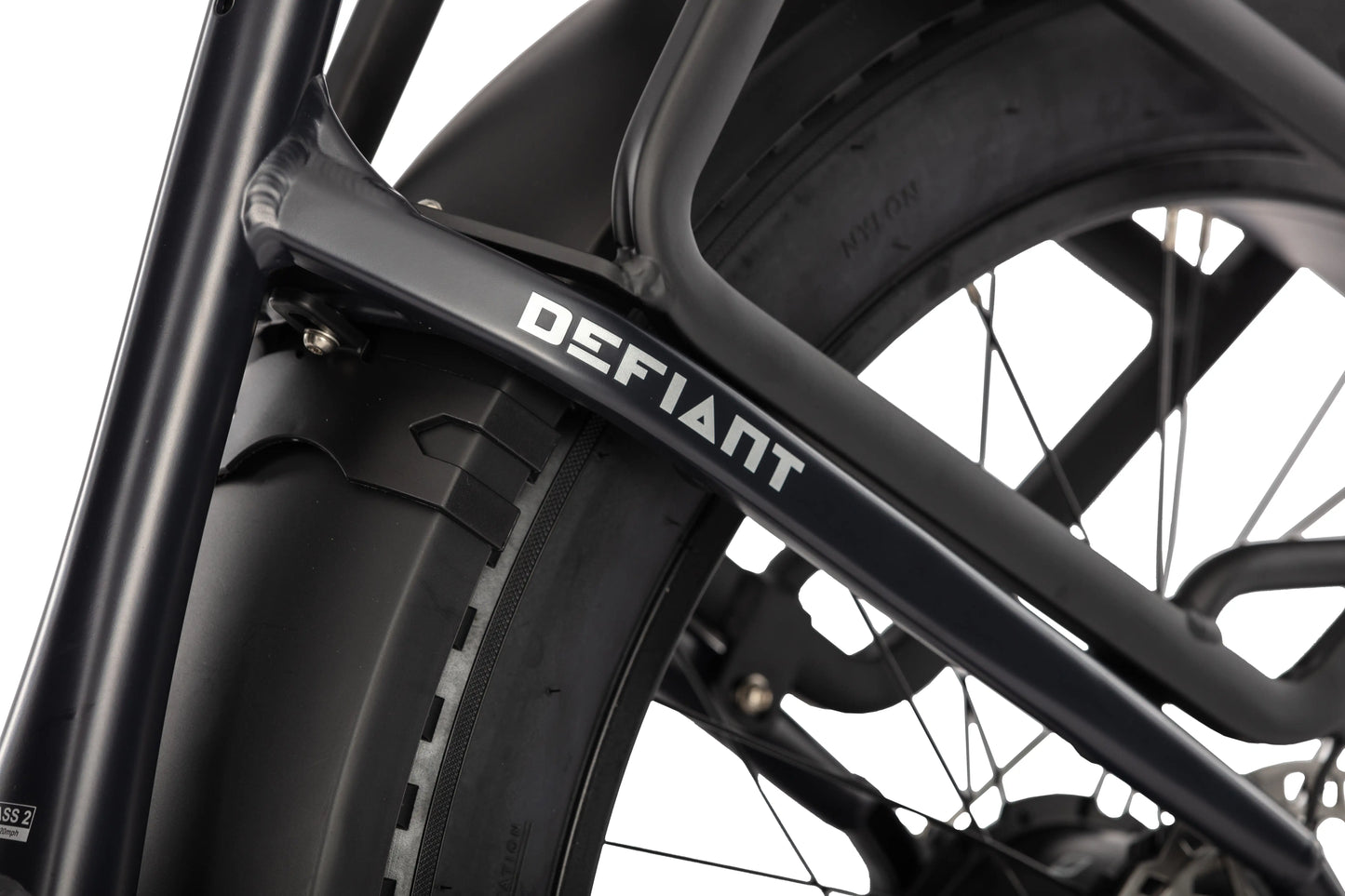 E11EVEN Defiant branded downtube frame close‑up, fat tire ebike side detail
