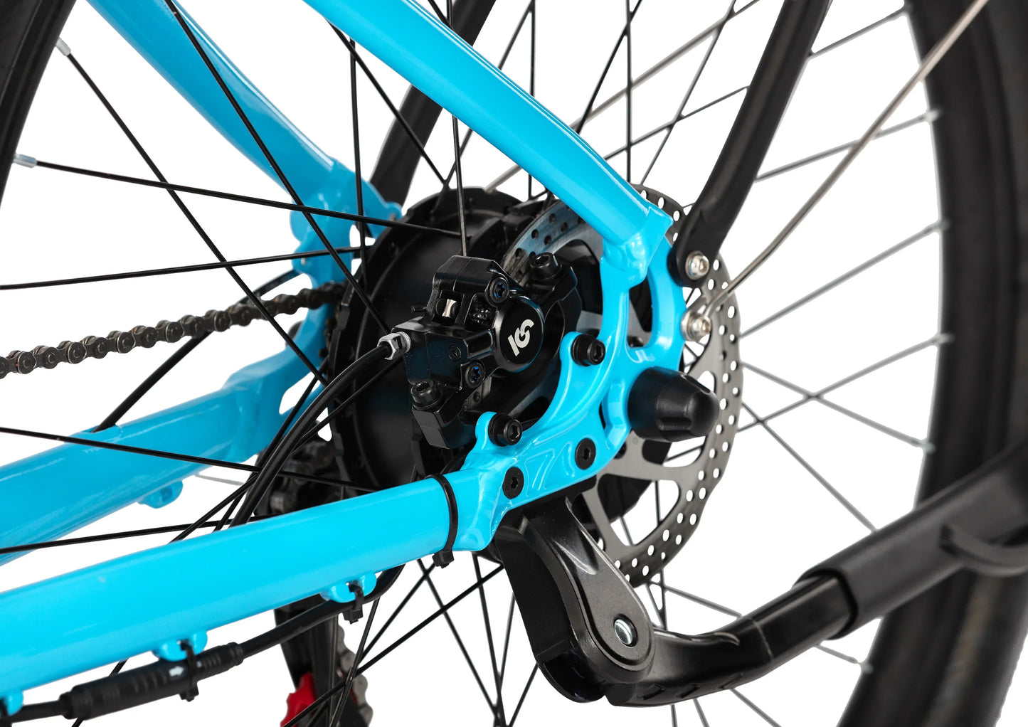E11EVEN Dragonfly ebike rear drivetrain close‑up, hub motor, crank and pedal assembly detail