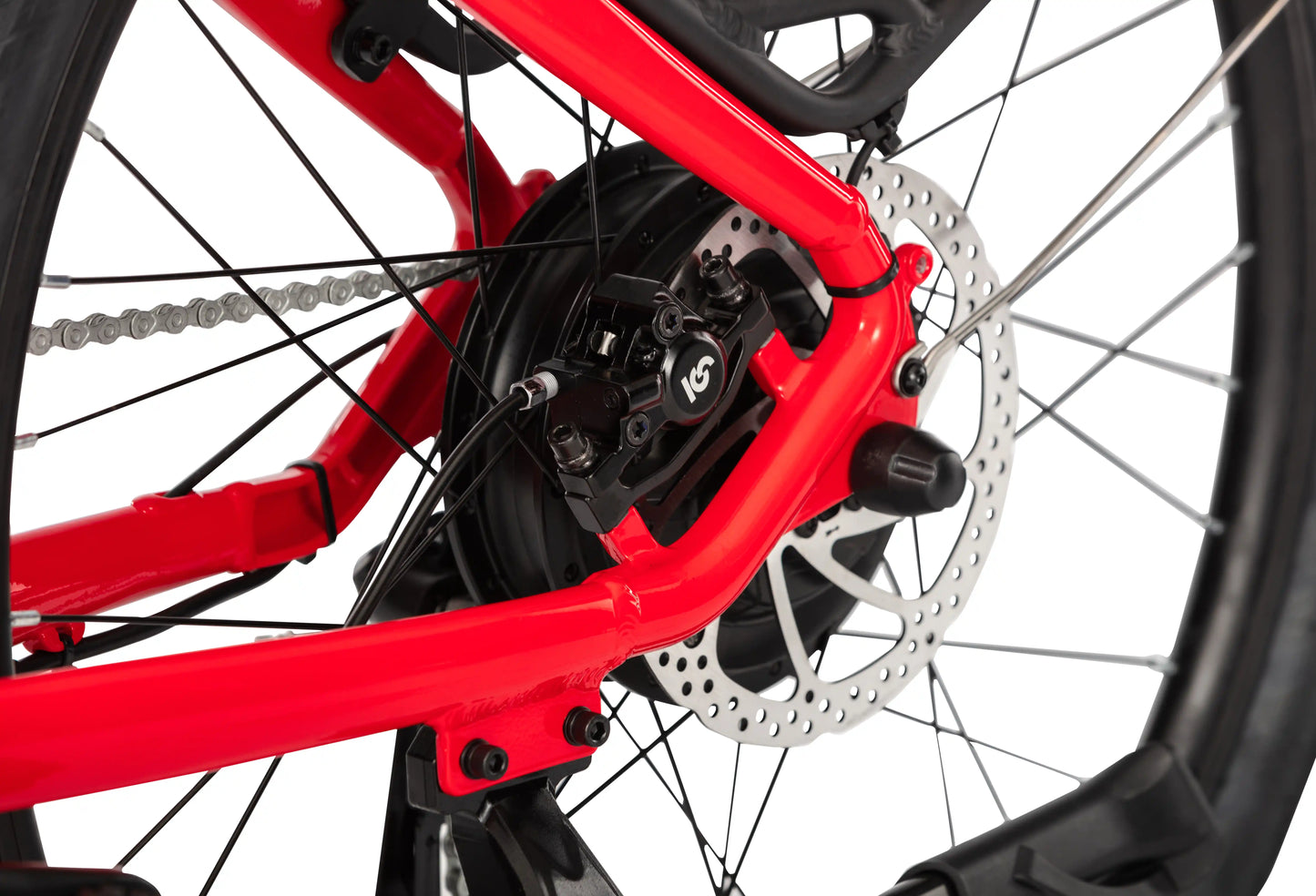 Close-up of the rear disc brake on the E11EVEN ELEANOR electric bike.
