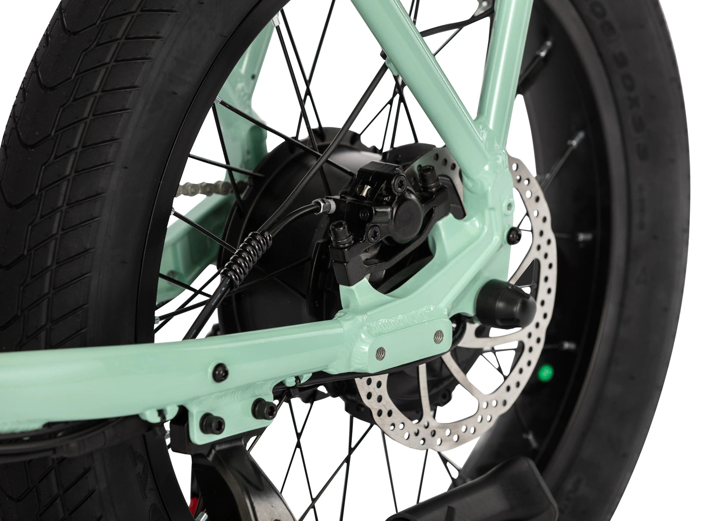 Close-up of the rear disc brake on the E11EVEN WINGMAN electric bike.
