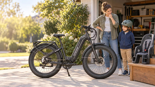 Parent and helmeted child checking how to carry a child on a cargo e-bike safely.