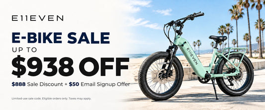 E11EVEN e-bike sale banner featuring a mint-green electric bike and up to $938 off with an $888 sale discount plus a $50 email signup offer.