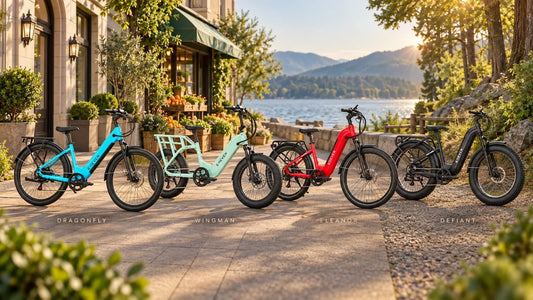 E11EVEN electric bike comparison featuring DRAGONFLY, WINGMAN, ELEANOR, and DEFIANT for different riding needs.
