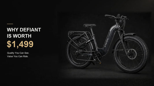 E11EVEN DEFIANT quality electric bike with fat tires, step-through frame, front suspension, and rear rack
