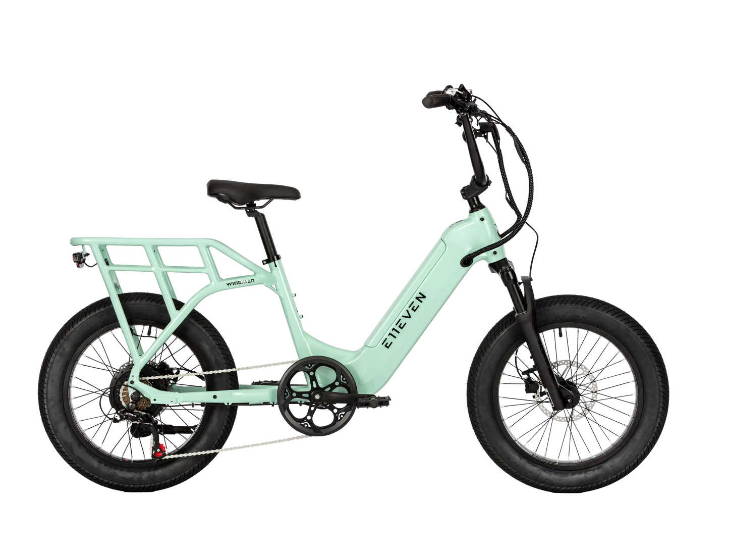 E11EVEN WINGMAN step-through electric bike with rear cargo rack, front suspension, and wide tires