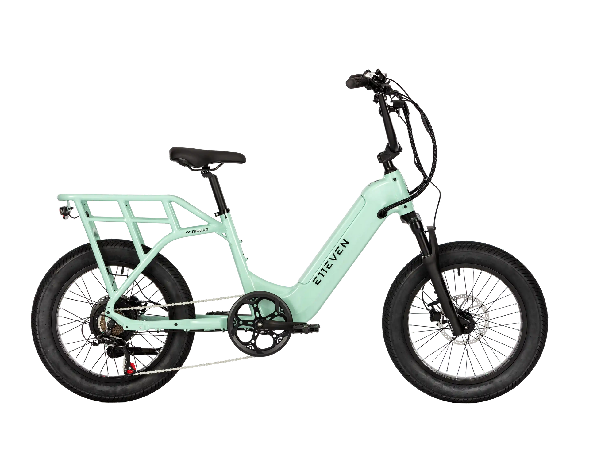 E11EVEN WINGMAN step-through electric bike with rear cargo rack, front suspension, and wide tires