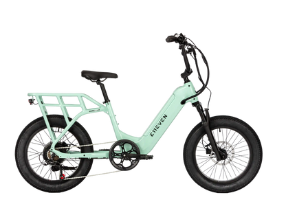 E11EVEN WINGMAN step-through electric bike with rear cargo rack, front suspension, and wide tires