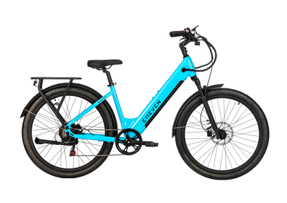 E11EVEN DRAGONFLY step-through electric bike with rear cargo rack, front suspension, fenders, and disc brakes