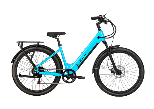 E11EVEN DRAGONFLY step-through electric bike with rear cargo rack, front suspension, fenders, and disc brakes