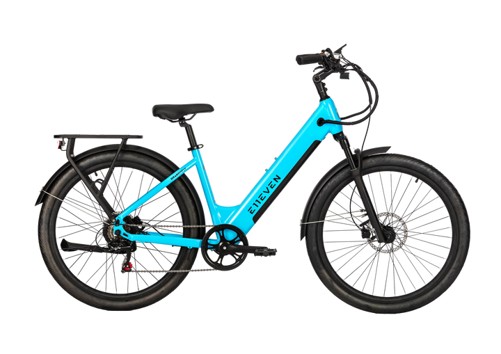 Blue step-through electric bike with fenders and a rear rack