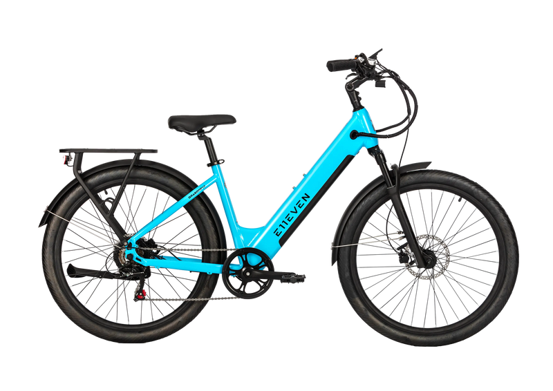 E11EVEN DRAGONFLY step-through electric bike with rear cargo rack, front suspension, fenders, and disc brakes