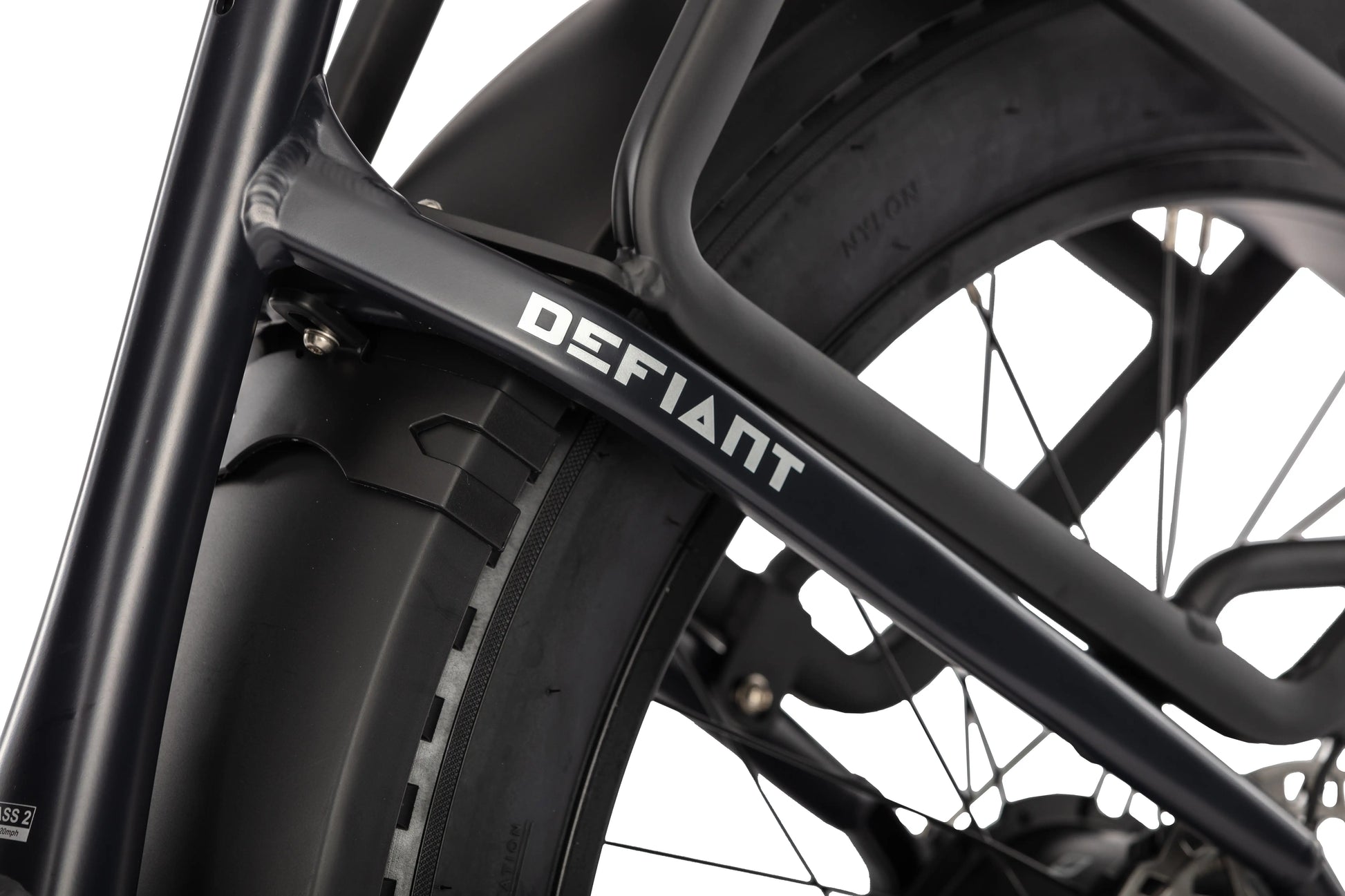 E11EVEN Defiant branded downtube frame close‑up, fat tire ebike side detail