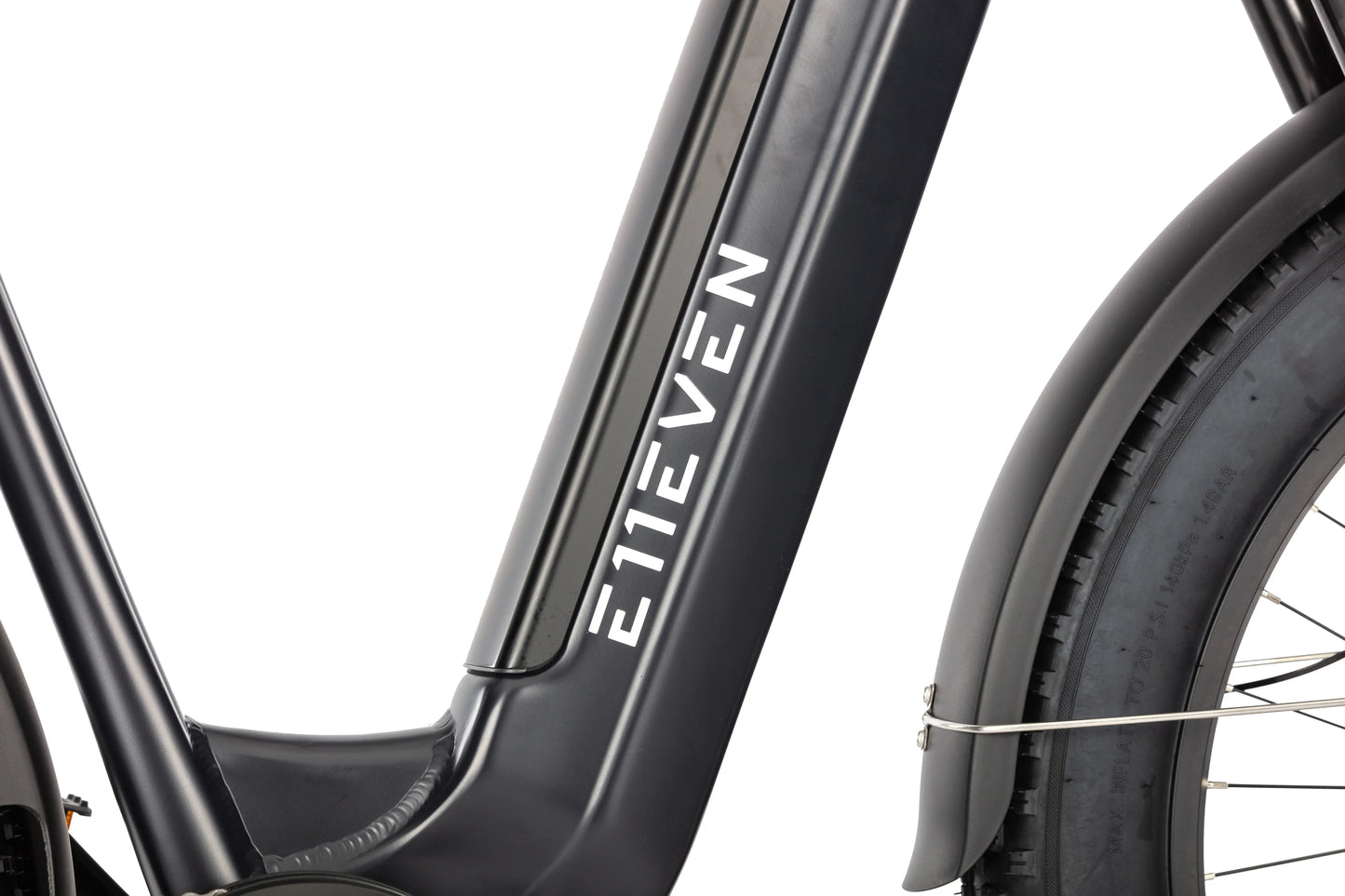 E11EVEN Defiant step‑through frame side close‑up, branded downtube logo