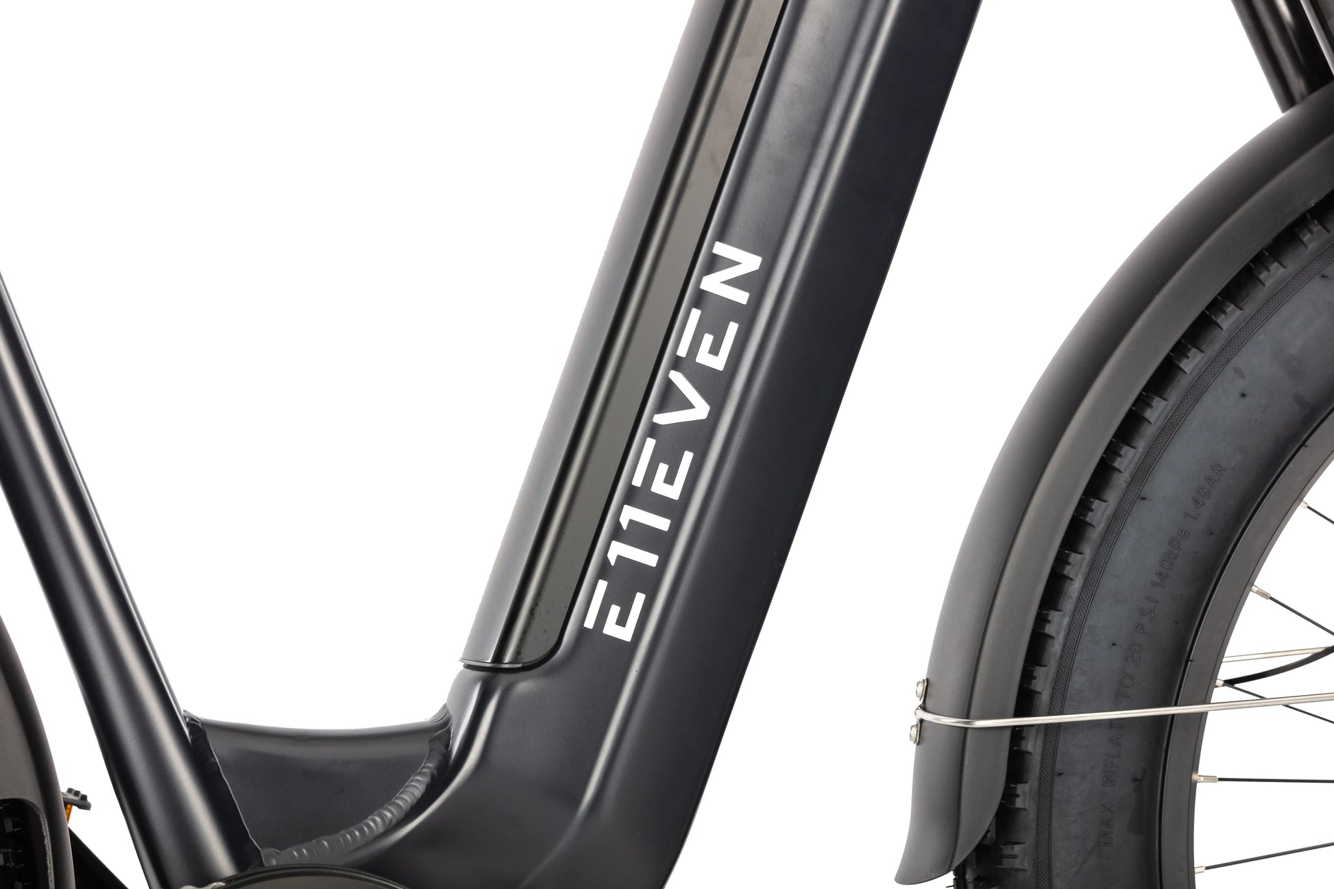 E11EVEN Defiant step‑through frame side close‑up, branded downtube logo