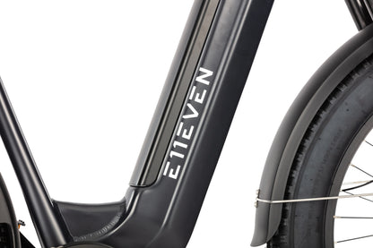 E11EVEN Defiant step‑through frame side close‑up, branded downtube logo