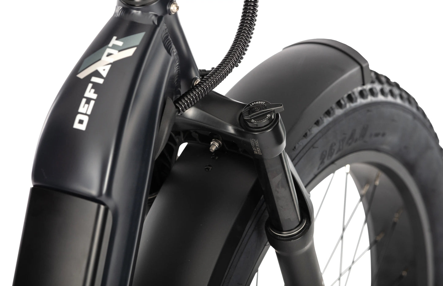 E11EVEN Defiant e‑bike front fender and fat tire close‑up, black frame detail