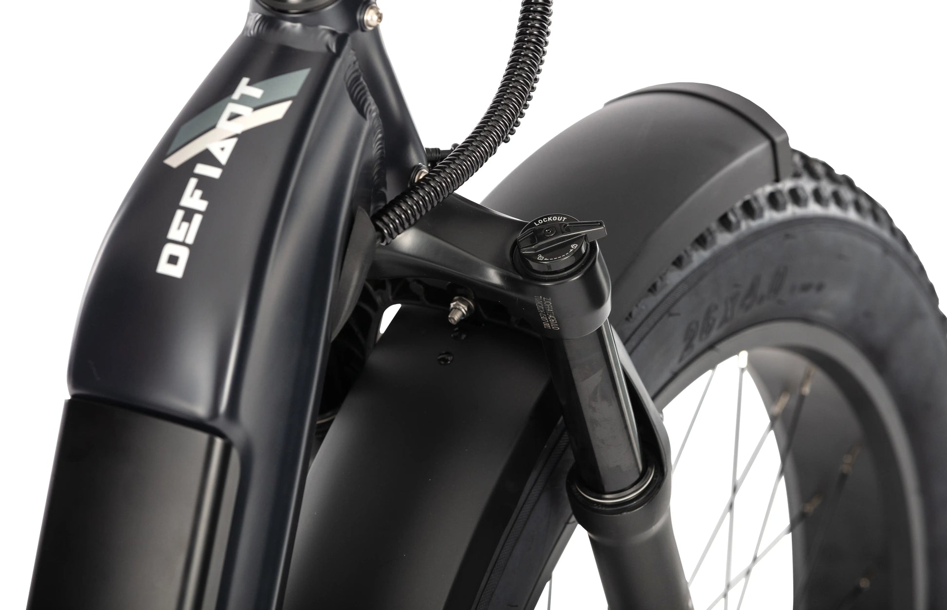 E11EVEN Defiant e‑bike front fender and fat tire close‑up, black frame detail