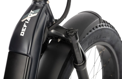 E11EVEN Defiant e‑bike front fender and fat tire close‑up, black frame detail
