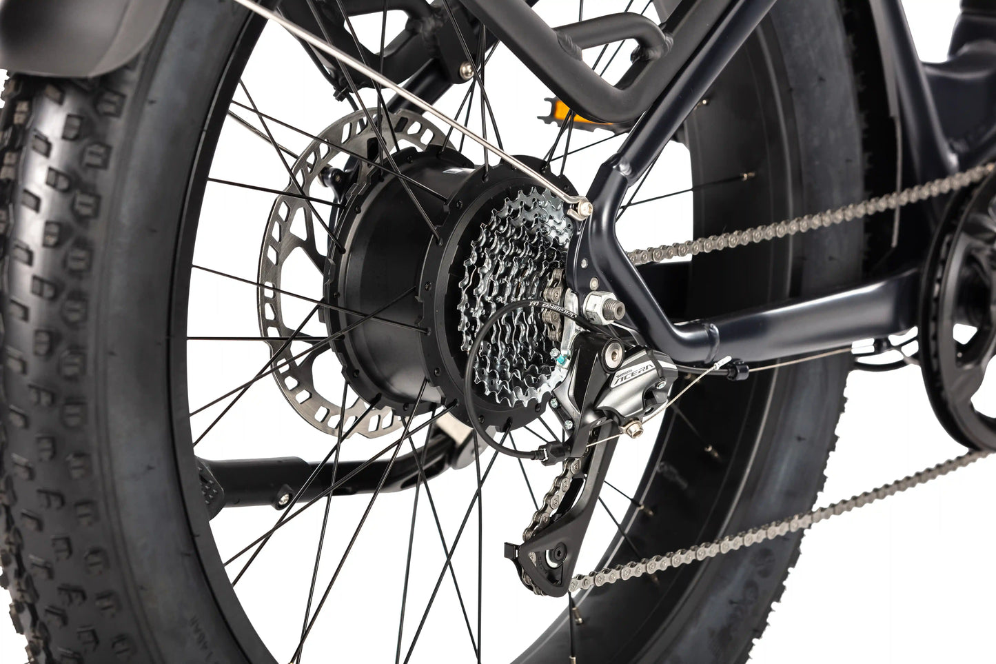 E11EVEN Defiant ebike rear hub motor and fat tire close‑up view