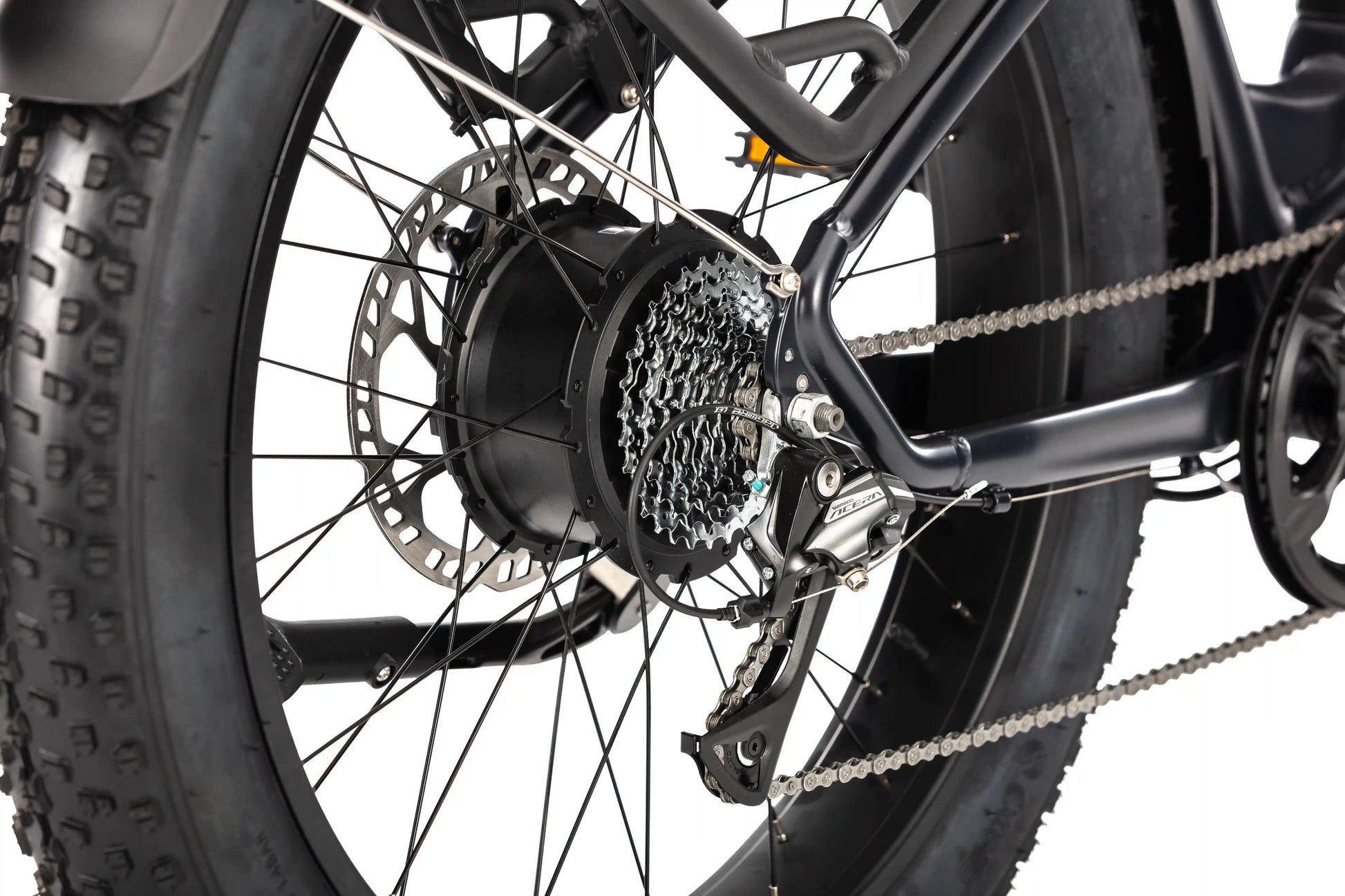 E11EVEN Defiant ebike rear hub motor and fat tire close‑up view