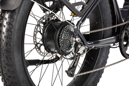 E11EVEN Defiant ebike rear hub motor and fat tire close‑up view