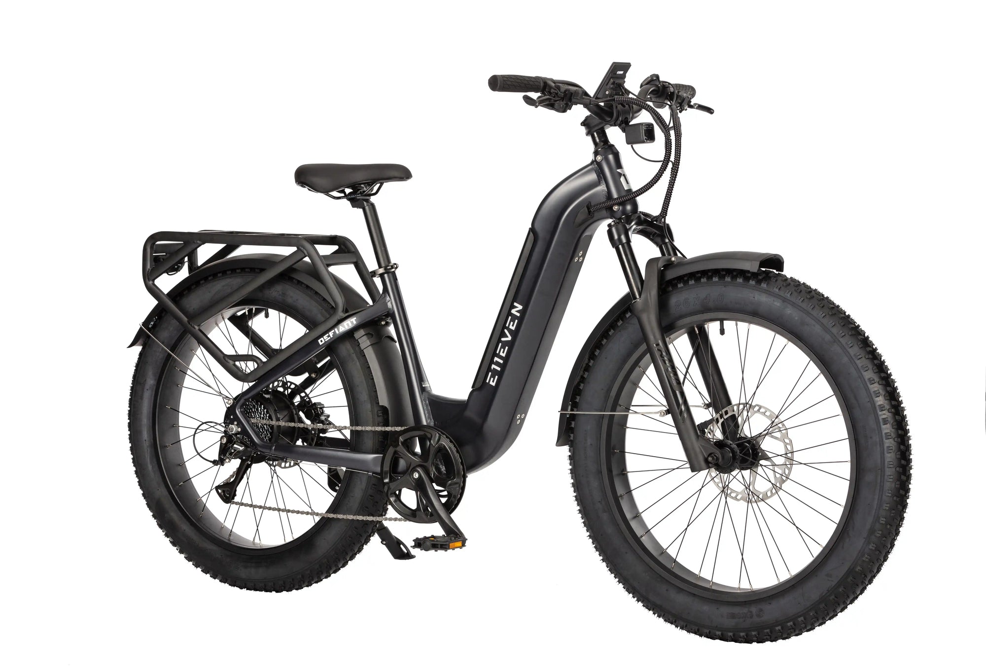E11EVEN DEFIANT step-thru fat tire electric bike in matte black