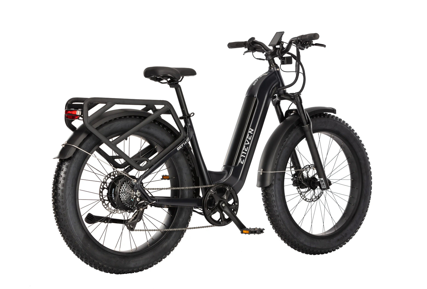 Rear three-quarter view of E11EVEN DEFIANT step-thru fat tire electric bike