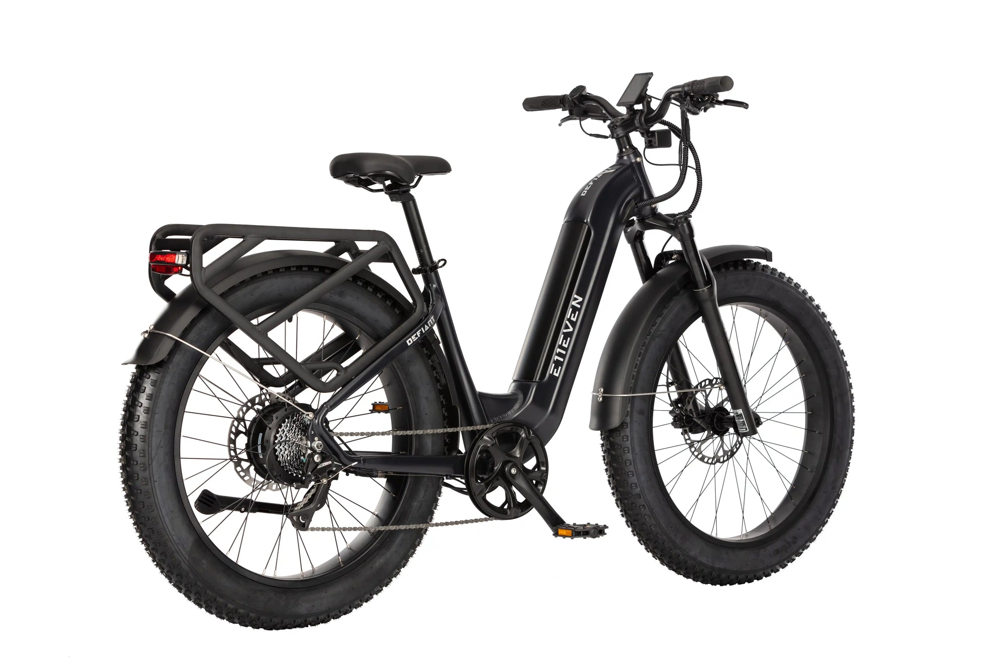 Rear three-quarter view of E11EVEN DEFIANT step-thru fat tire electric bike