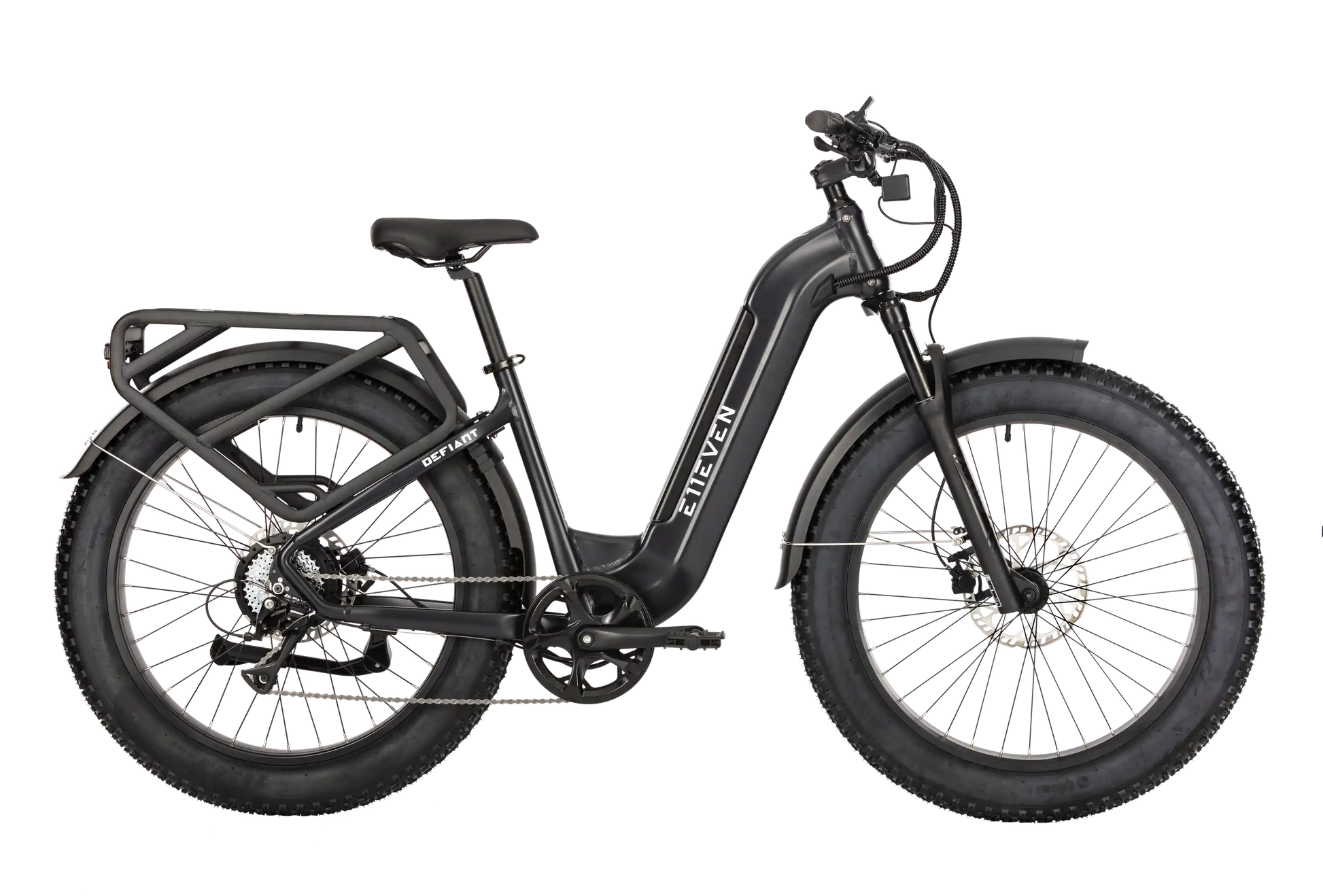 E11EVEN DEFIANT step-through electric bike with fat tires, front suspension, fenders, and rear cargo rack.