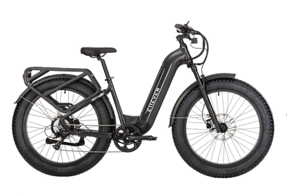 E11EVEN DEFIANT step-through electric bike with fat tires, front suspension, fenders, and rear cargo rack.