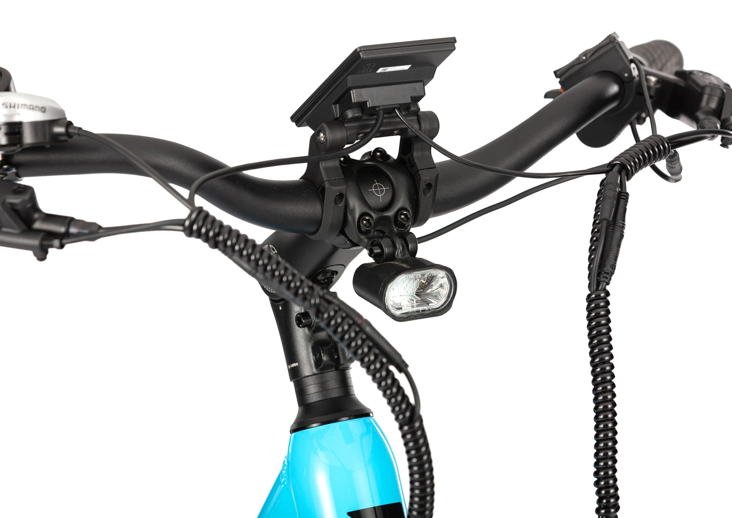 E11EVEN Dragonfly commuter ebike handlebar close‑up, headlight, display and brake lever cockpit view