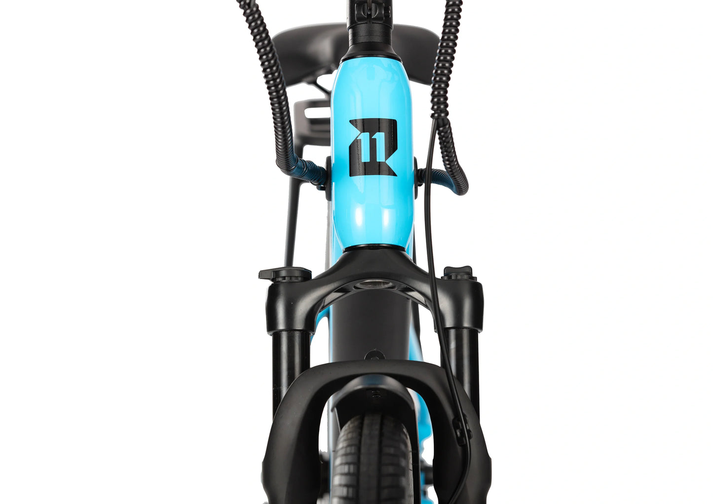 E11EVEN Dragonfly step‑through ebike front head‑on close‑up, head tube and suspension fork detail
