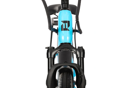 E11EVEN Dragonfly step‑through ebike front head‑on close‑up, head tube and suspension fork detail