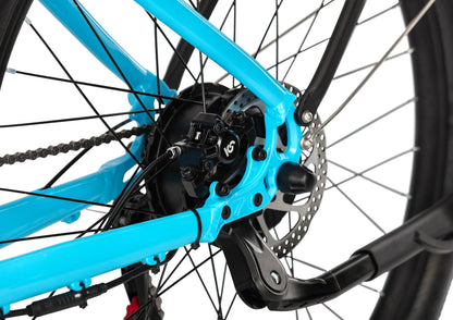 E11EVEN Dragonfly ebike rear drivetrain close‑up, hub motor, crank and pedal assembly detail