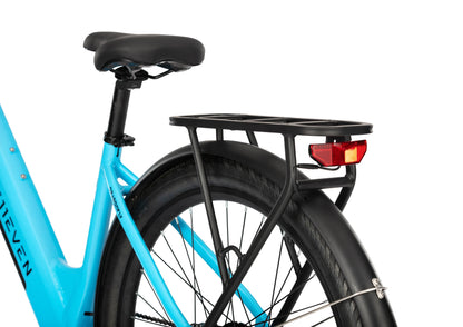 E11EVEN Dragonfly light blue commuter ebike rear three‑quarter view, rear cargo rack and taillight assembly