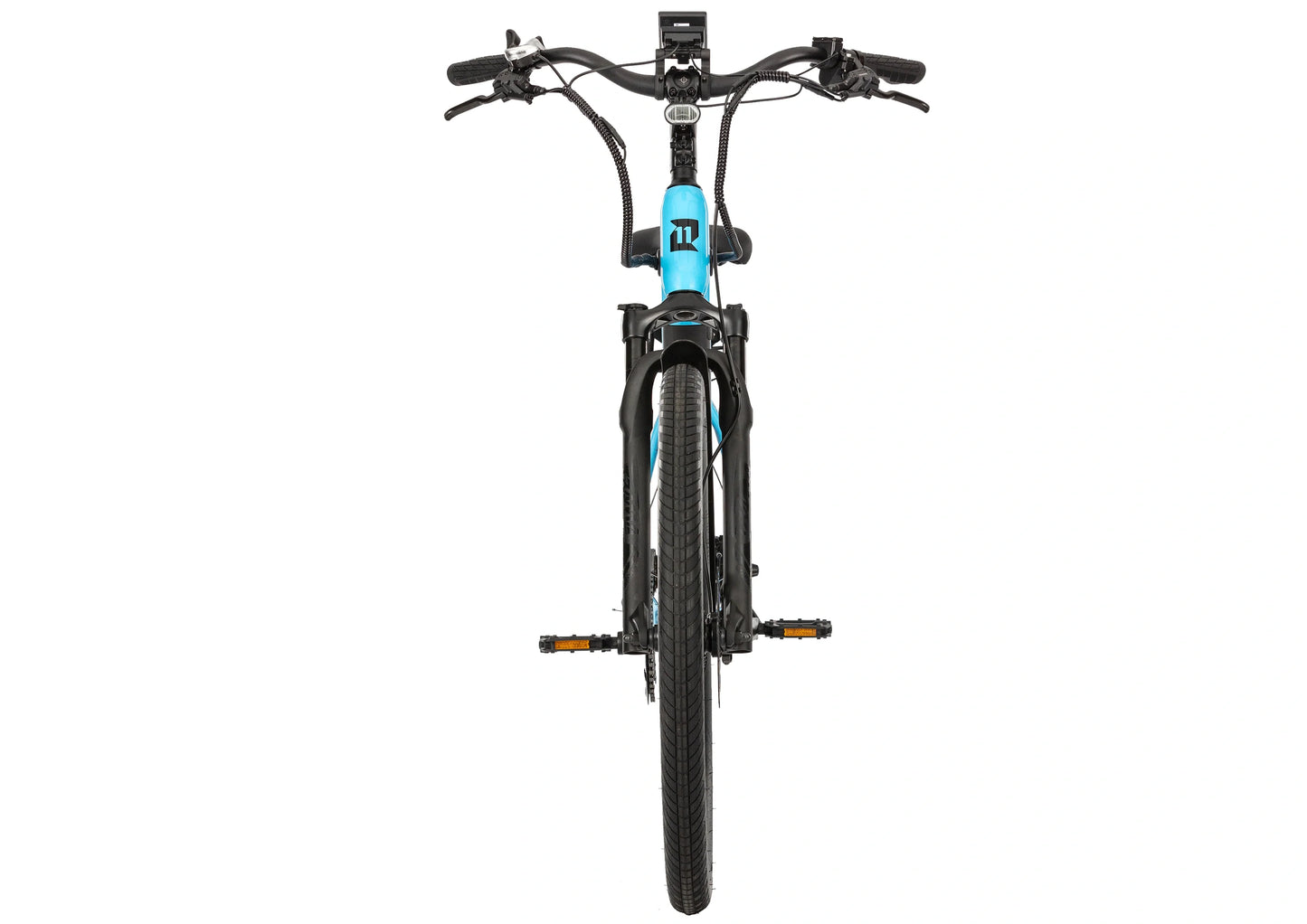 E11EVEN Dragonfly step‑through ebike front head‑on view, light blue electric bicycle