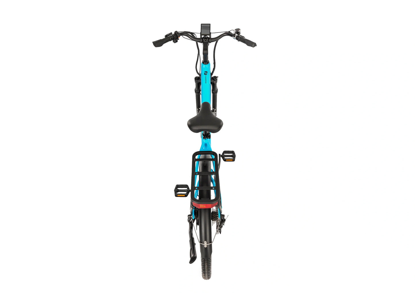 E11EVEN Dragonfly electric bike rear back view, blue step‑through e‑bicycle with rear rack