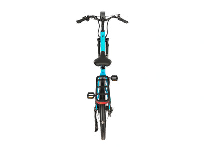 E11EVEN Dragonfly electric bike rear back view, blue step‑through e‑bicycle with rear rack
