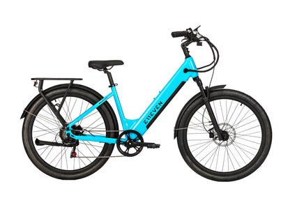 E11EVEN Dragonfly light blue step‑through ebike full right side profile, rear cargo rack