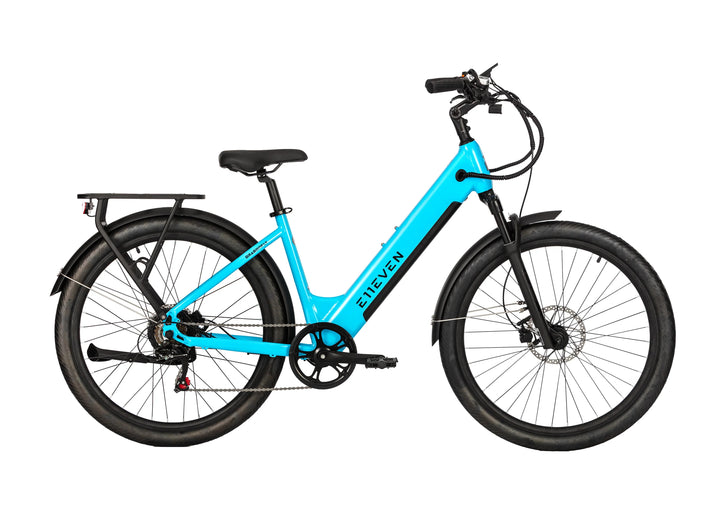 E11EVEN Dragonfly light blue step‑through ebike full right side profile, rear cargo rack