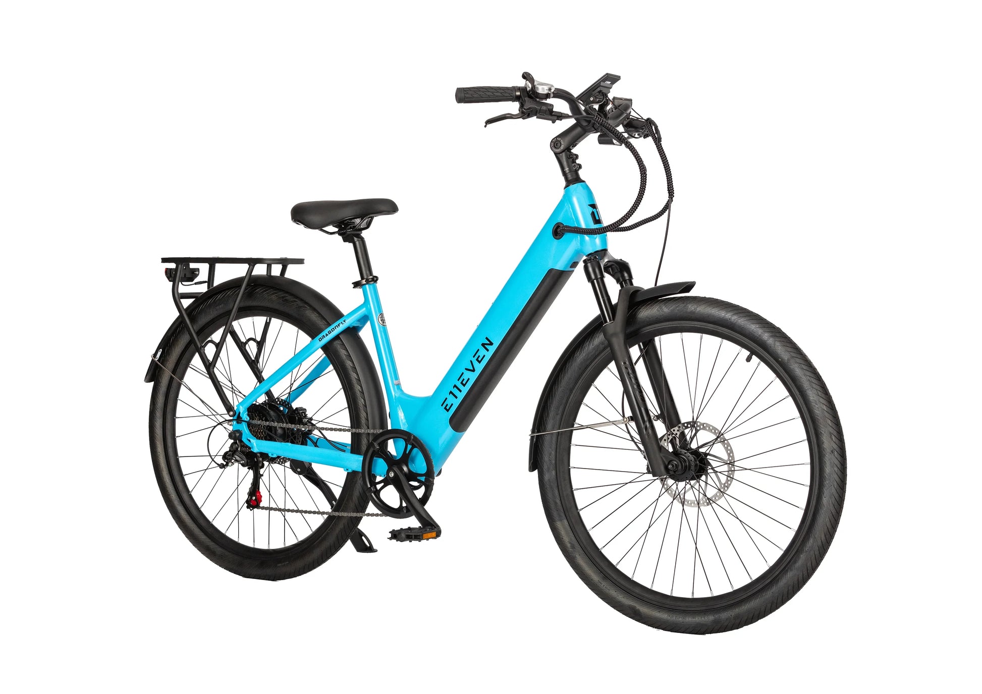 E11EVEN Dragonfly blue step‑through electric bike side view, commuter e‑bicycle white background