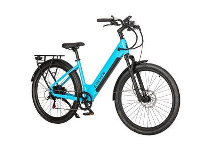 E11EVEN Dragonfly blue step‑through electric bike side view, commuter e‑bicycle white background