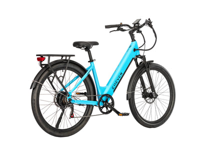 E11EVEN Dragonfly light blue commuter ebike three‑quarter side view with rear rack and taillight
