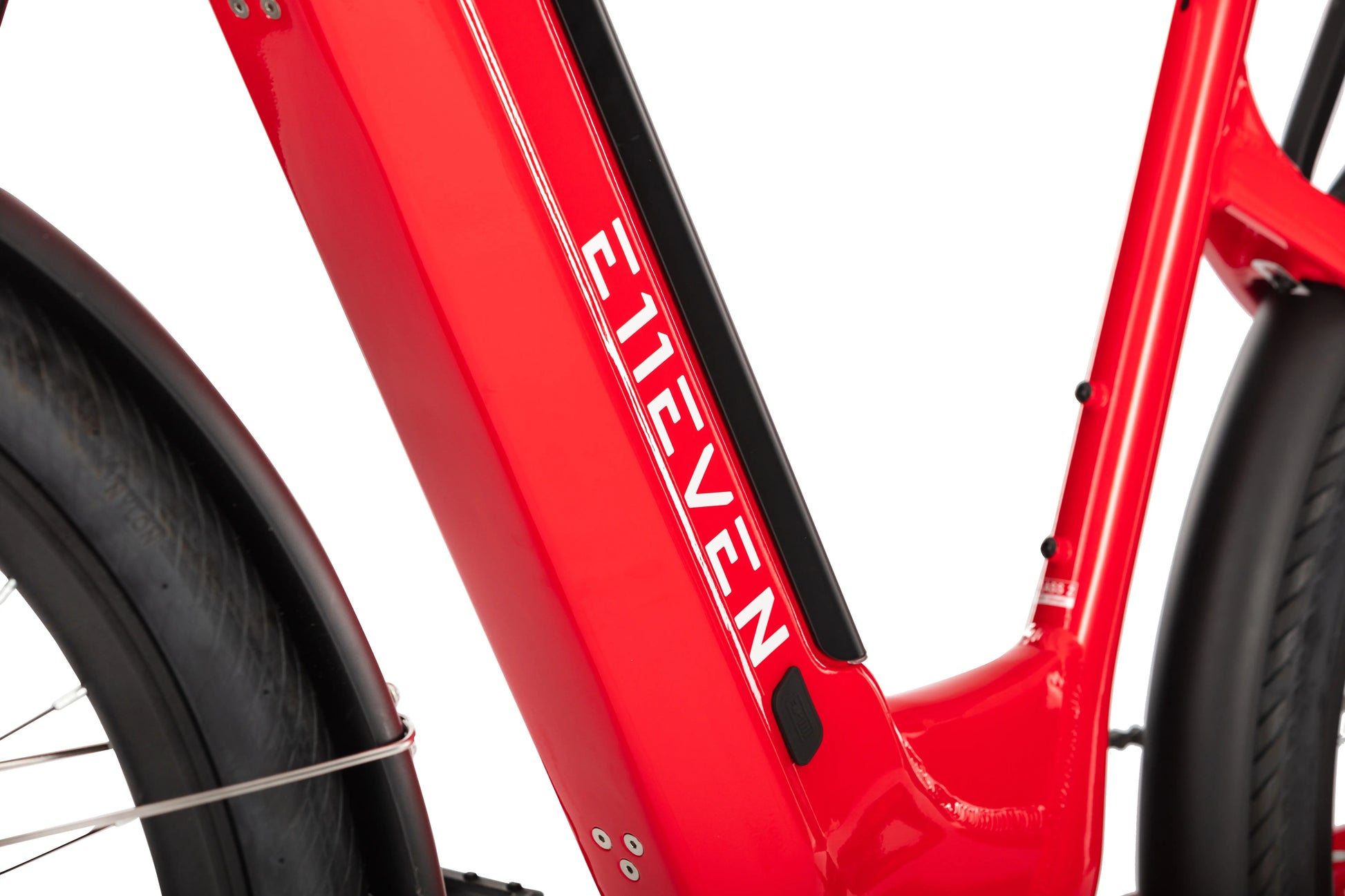 Close-up of the downtube logo right on the E11EVEN ELEANOR electric bike.