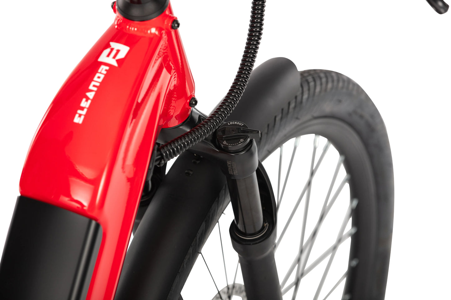 Close-up of the front fork head tube on the E11EVEN ELEANOR electric bike.