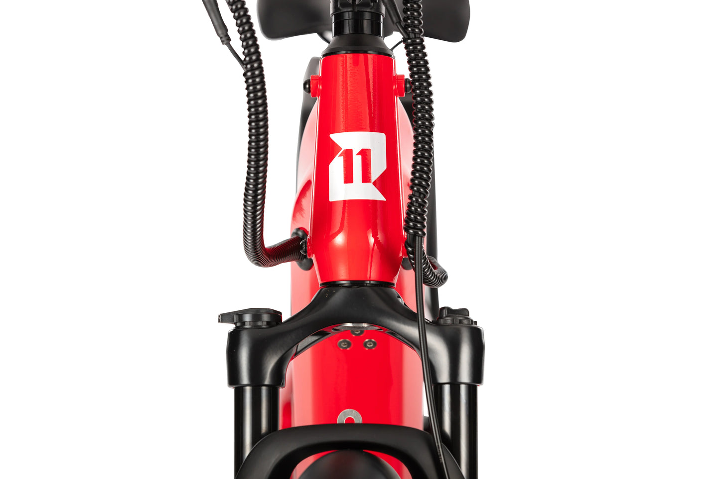 Close-up of the front head badge on the E11EVEN ELEANOR electric bike.