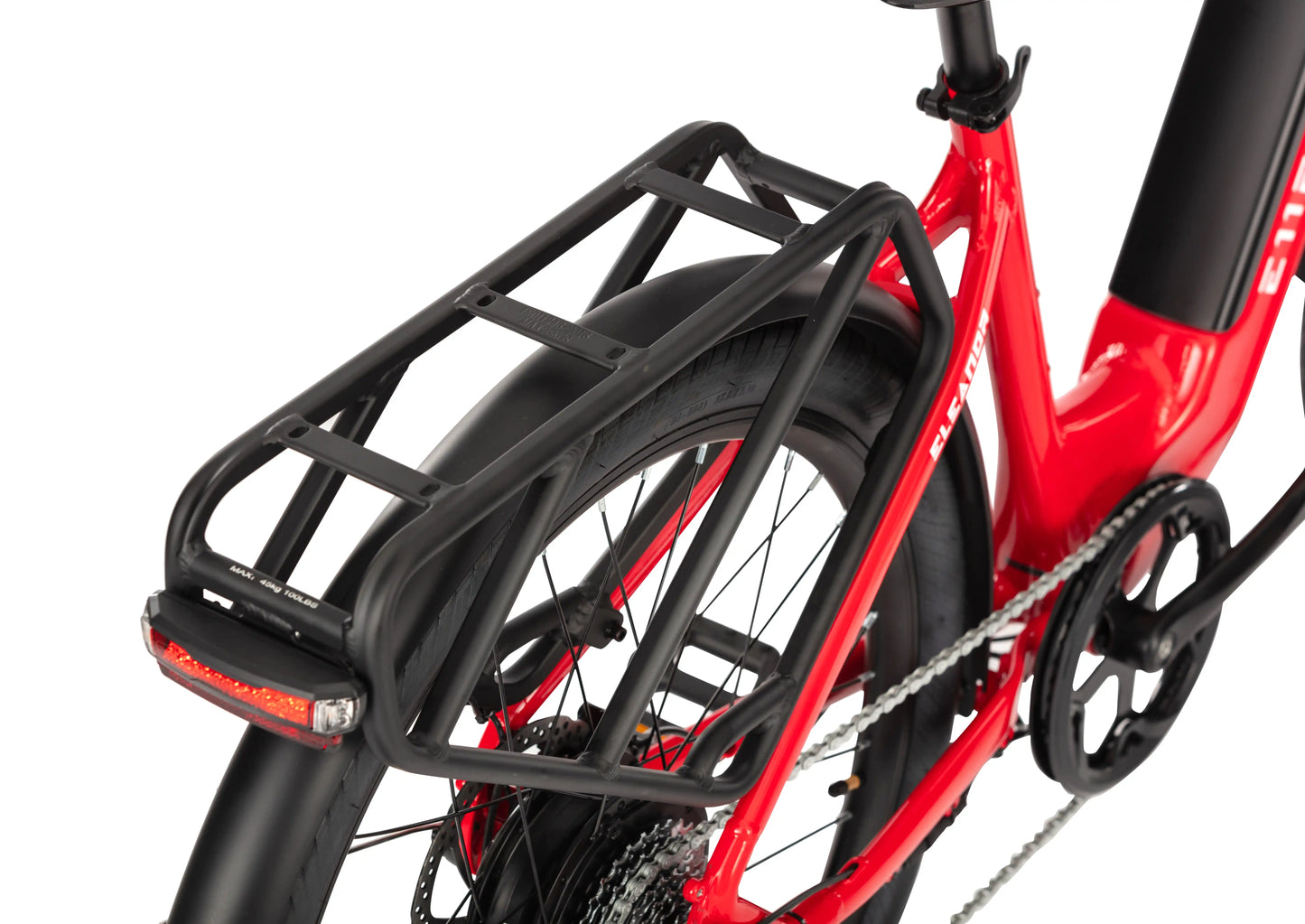 Close-up of the rear rack tail light closeup on the E11EVEN ELEANOR electric bike.