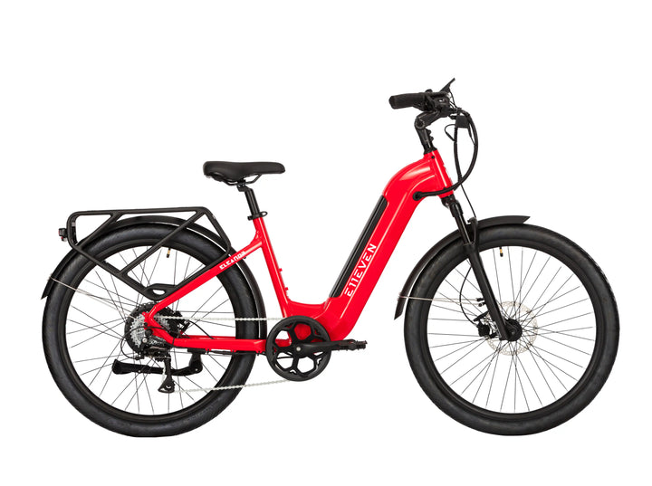 E11EVEN Eleanor red step-through commuter ebike side profile with rear rack and black fenders