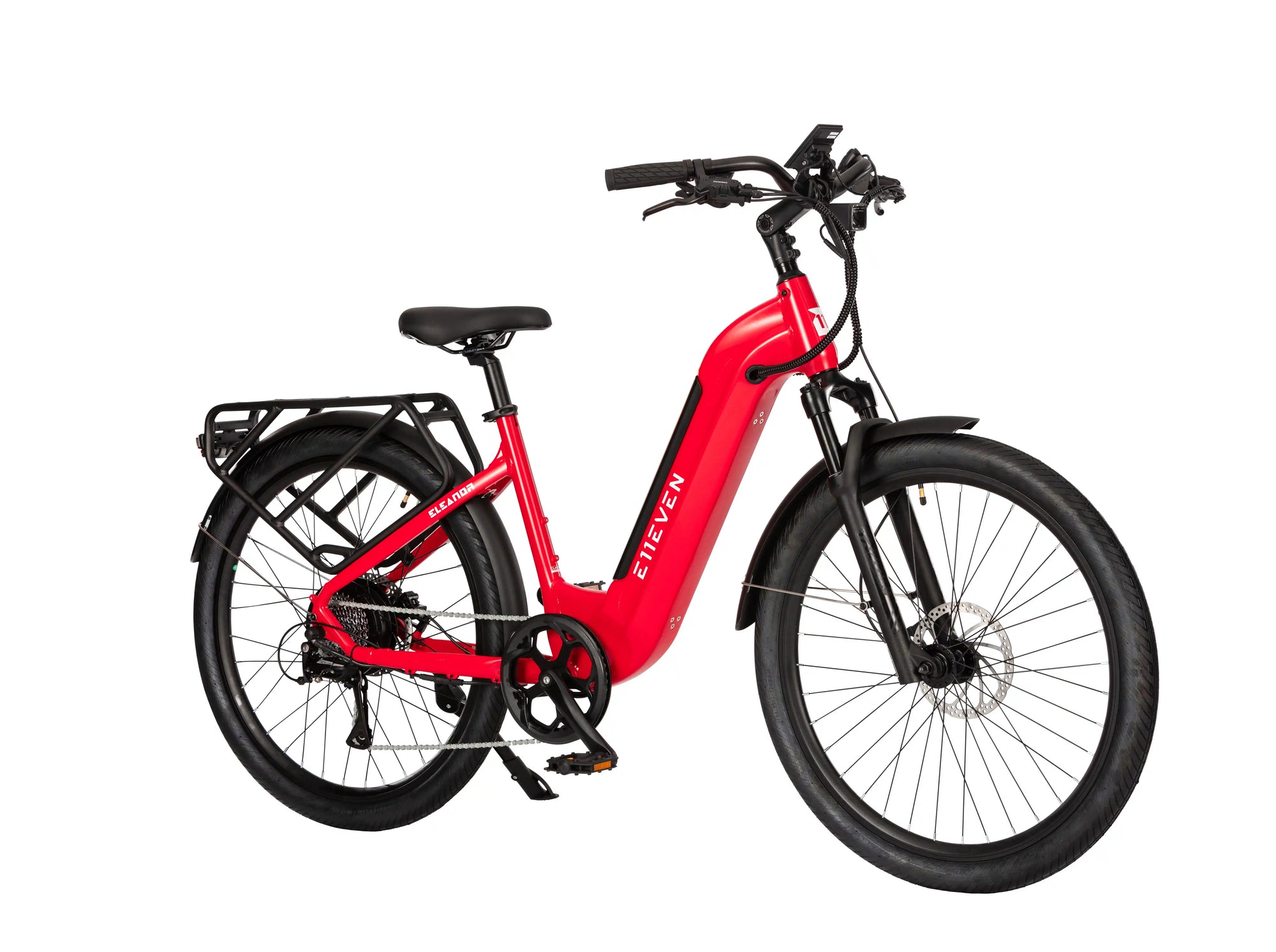 E11EVEN Eleanor red commuter ebike angled side view with front suspension and rear rack