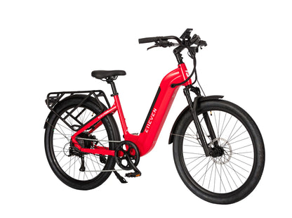 E11EVEN Eleanor red commuter ebike angled side view with front suspension and rear rack